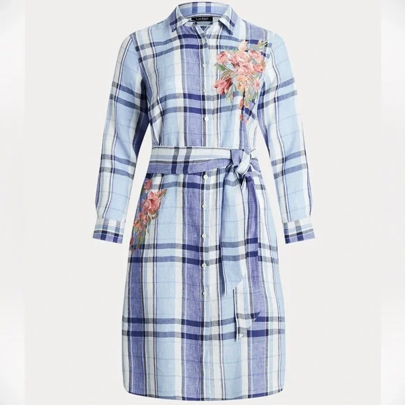 New Ralph Lauren Floral & Plaid Lightweight Linen Button Down Shirtdress Midi - Picture 8 of 15